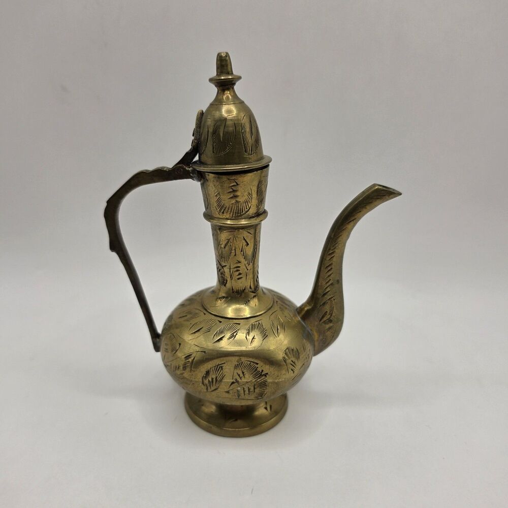 Vintage Indian Brass Pitcher Dallah Etched Floral Hinged Lid Boho Decor 6.25 x 4